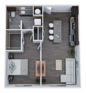 Chic 3D floor plan of Unit B1 showcasing 1 bedroom and 1 bath in 780 sq. ft., featuring open kitchen design and cozy living area.