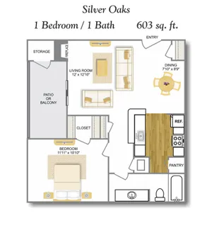 1 Bedroom Floor Plan | Apartments In Leon Valley San Antonio TX | Silver Oaks Apartments