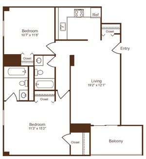 Chic floor plan featuring two spacious bedrooms, two modern bathrooms, open-concept living area, efficient kitchen, and inviting balcony.