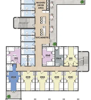 Bright and modern floor plan showcasing multiple suites, convenient kitchenette, and a dedicated washer/dryer area.