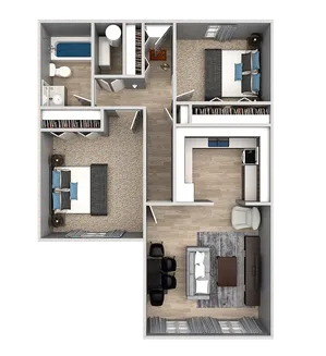 Chic 2D apartment floor plan showcasing 2 cozy bedrooms, a sleek kitchen, spacious living area, and modern bathroom layout.