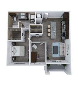 Contemporary 2D floor plan showcasing 1 bedroom, a stylish bathroom, a modern kitchen with an island, and an open living area perfect for relaxation.