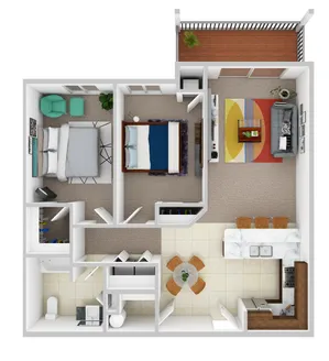 Modern open-concept floor plan showcasing two bedrooms, a cozy living space, and a stylish kitchen with a bar counter and dining area.