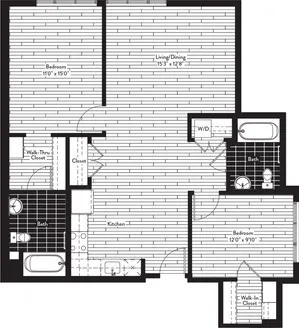 1069 square foot two bedroom two bath floor plan image