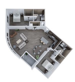Elegant 3D floor plan of Unit G3 with 2 bedrooms, 2 baths, and a spacious open-concept living area, totaling 1,475 sq. ft.