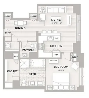 Elegant floor plan A13 with one bedroom, 1.5 baths, and a spacious 970 sq ft layout. Features include an open living area, modern kitchen, and ample storage spaces for contemporary living.
