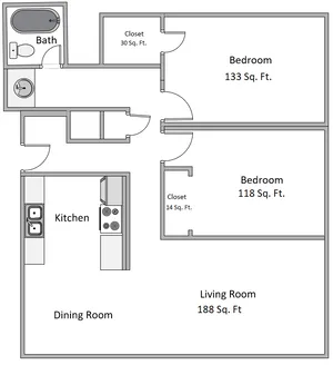 Contemporary floor plan featuring two spacious bedrooms, cozy living room, modern kitchen, and well-appointed bath.