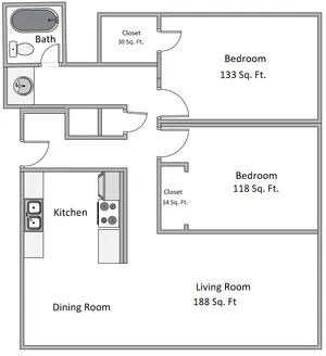 Modern 2D floor plan showcasing two spacious bedrooms, a cozy living room, and a well-equipped kitchen, ideal for comfortable living.