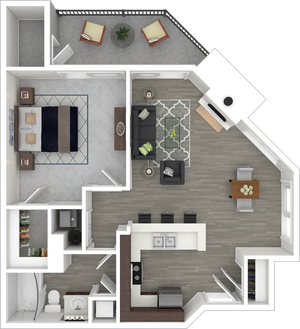 Modern and inviting 1-bedroom apartment floor plan featuring an open-concept living and dining area, stylish kitchen with bar seating, cozy balcony, and elegant bathroom.