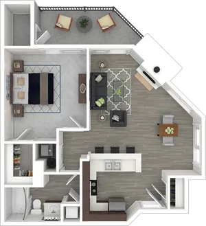 Modern one-bedroom apartment floor plan featuring open-concept living and dining area, sleek kitchen, stylish bathroom, and a charming balcony patio.