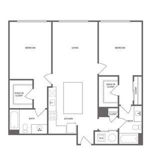 1112 square foot two bedroom two bath apartment floorplan image