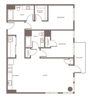 1241 square foot two bedroom two bath apartment floorplan image
