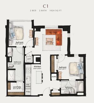 C1 | 2 Bed 2 Bath 1,024 square feet