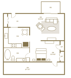 Elegant 2D floor plan showcasing open living areas, modern kitchen, spacious bedroom, and inviting outdoor terrace.