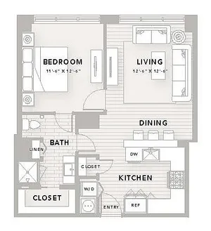 Modern 1-bedroom apartment floor plan at The Star Houston, featuring spacious living room, dining area, elegant kitchen, and a well-designed bathroom, covering 740 sq ft.