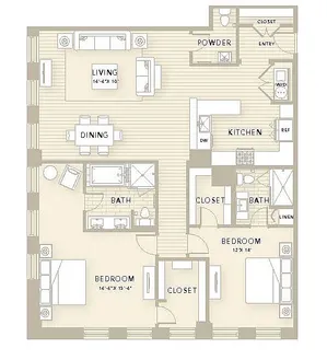Sophisticated floor plan B5 featuring 2 bedrooms and 2.5 baths with a spacious living area, dining space, and modern kitchen, covering 1,320 sq ft in The Star Houston.