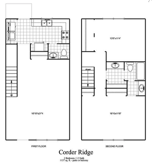 Corder Ridge floor plan featuring 2 bedrooms, 1.5 baths, spacious kitchen, and living area over two floors.