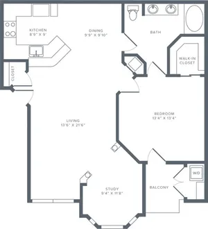 920 square foot one bedroom one bath apartment floorplan image
