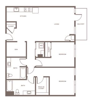 1208 square foot two bedroom two bath with den and balcony apartment floorplan image