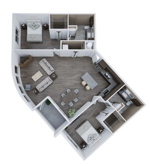 Elegant 3D floor plan of Unit G2, featuring 2 spacious bedrooms, 2 modern bathrooms, and an open-concept living area with a stylish kitchen, covering 1,411 sq ft.