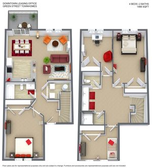 Charming 3D floor plan of Green Street Townhomes showcasing 4 spacious bedrooms, 2 modern baths, a cozy living area with stylish furniture, and a welcoming balcony. Ideal for comfortable family living, 1466 sq ft.
