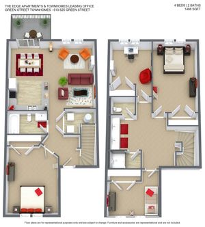 Modern 3D floor plan of Green Street Townhomes featuring 4 bedrooms, 2 baths, open-concept living area, and private balcony, covering 1466 sq ft.