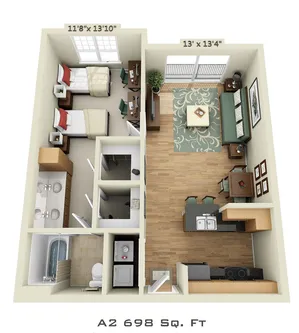 3D floor plan of a 698 sq. ft. apartment featuring two cozy bedrooms, a stylish living area, and a modern kitchen.