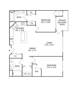 2 BR x 2 BA - B | 2-Bedroom Floorplan