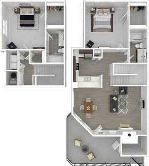 Chic two-story floor plan showcasing 2 bedrooms, spacious living area with a modern kitchen, and a private outdoor balcony.