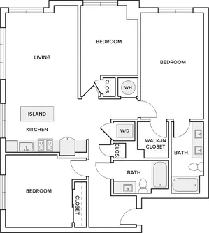 1281 square foot three bedroom two bath apartment floorplan image