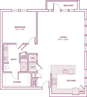 1067 square foot one bedroom one bath apartment floor plan in Houston, TX