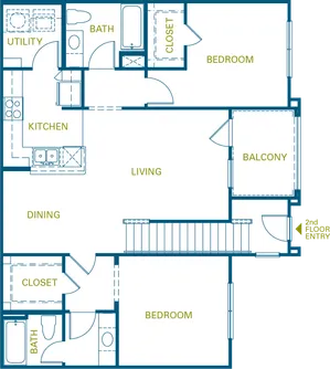 Inviting floor plan showcasing 2 spacious bedrooms, a modern kitchen, elegant living and dining areas, with a relaxing balcony and convenient utility room.
