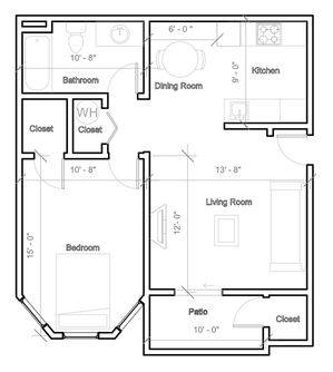 Modern 1-bedroom apartment floor plan with spacious living room, kitchen, dining area, and patio access.