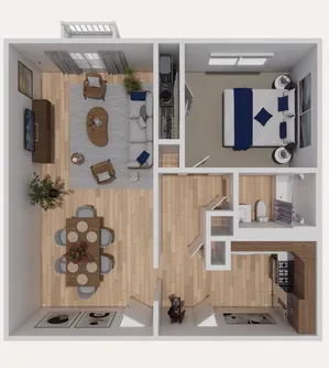 Modern floor plan of a 1-bedroom apartment featuring a spacious living room, cozy dining area, and sleek kitchen with wooden cabinetry.