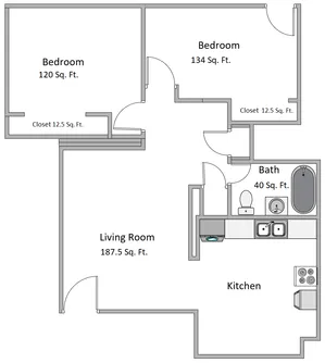 Modern 2-bedroom floor plan featuring a spacious living room, functional kitchen, and convenient bath layout for comfortable living.