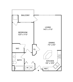 1 BR x 1 BA - C | 1-Bedroom Floorplan