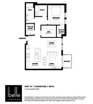 Contemporary floor plan of Unit 1E featuring 1 bedroom, 1 bath, with a spacious kitchen, dining area, and a cozy living room opening to a balcony, offering 1134 sq ft of stylish living space.