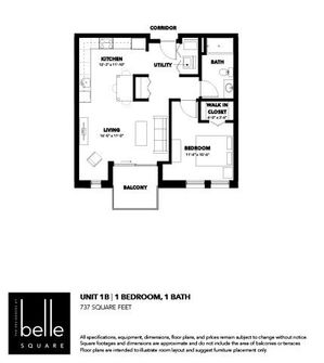 Chic 1-bedroom, 1-bath floor plan with open living area, modern kitchen, and inviting balcony.