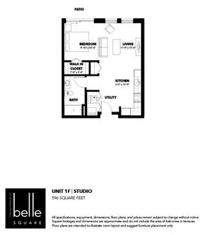 Belle Square studio layout showcasing a cozy living and bedroom area, modern kitchen, convenient walk-in closet, and a relaxing patio. Unit 1F, 596 square feet.