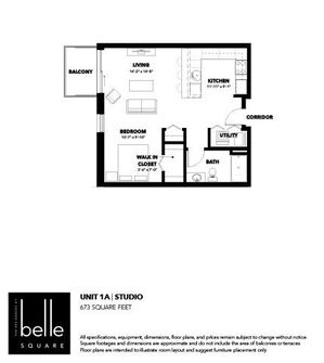 Modern studio floor plan at Belle Square featuring a spacious living area, kitchen, bedroom with walk-in closet, utility room, and a private balcony. Total area of 673 square feet.