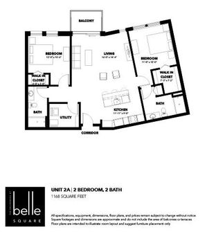Elegant floor plan of Belle Square\'s Unit 2A featuring 2 bedrooms, 2 baths, and 1168 square feet with a generous living space and balcony.