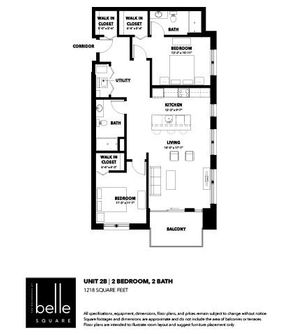 Chic 2-bedroom, 2-bathroom floor plan featuring a modern kitchen, spacious living area, and a cozy balcony in a 1218 sq ft unit.