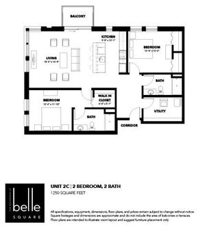 Belle Square Unit 2C floor plan featuring 2 bedrooms, 2 bathrooms, an open living area, modern kitchen, and a balcony in 1250 square feet.