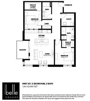 Elegant floor plan for Unit 2D showcasing 2 bedrooms, 2 baths, spacious living area, modern kitchen, and a private balcony in 1286 square feet.