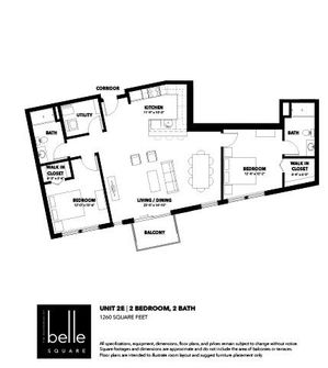 Modern floor plan for a 1260 sq ft unit at Belle Square featuring 2 bedrooms, 2 baths, a spacious living/dining area, and a sunlit balcony.