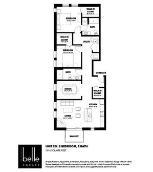 Belle Square floor plan featuring 2 bedrooms, 2 bathrooms, a modern kitchen, and a spacious living-dining area with balcony access, totaling 1316 square feet.