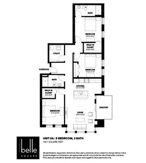 Modern floor plan for Belle Square Unit 3A featuring 3 bedrooms, 2 bathrooms, and a spacious living room with balcony, 1421 sq ft.