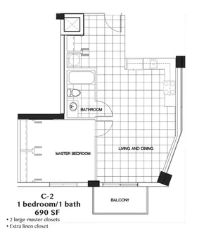 C2 Floor Plan, 690 SQFT 1 bedroom/1 bathroom
