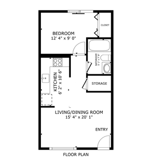 Compact and efficient floor plan featuring a cozy bedroom, functional kitchen, and expansive living/dining area. Includes a convenient bathroom and storage space. Total area of 449 sq ft.