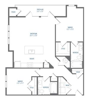 Elegant floor plan featuring two spacious bedrooms, open-concept living and kitchen area, and private balcony space.